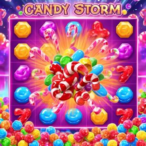 Candy Storm Blitz slot game cluster pay cascading reels at L89